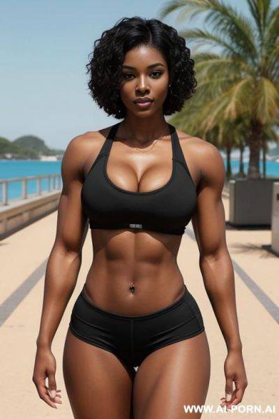 Black woman, 20 years old, size, athletic body, muscular stomach, huge large rond breast. short hair, bob hair, sport wear - ai-porn.ai on pornintellect.com