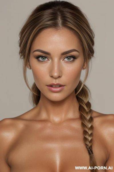 A beautiful naked woman with brown hair with blonde highlights, hair is tied back , looking directly at viewer - ai-porn.ai on pornintellect.com