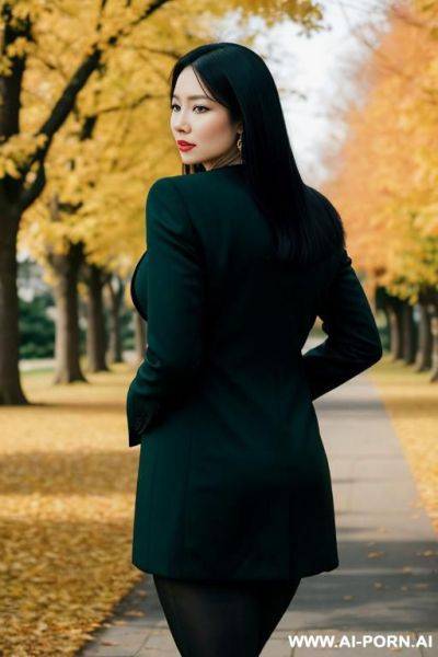 Standing with both feet spread out, a business coat d over the shoulders, black hair, and large round earrings. - ai-porn.ai on pornintellect.com
