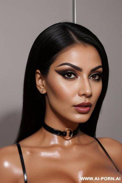 Persian submissive bimbo, heavy makeup, perfect tanned naked body, perfect tits, eye contact, latex collar - ai-porn.ai - Iran on pornintellect.com