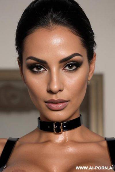Persian bimbo, perfect tanned naked body, eye contact, latex collar - ai-porn.ai - Iran on pornintellect.com