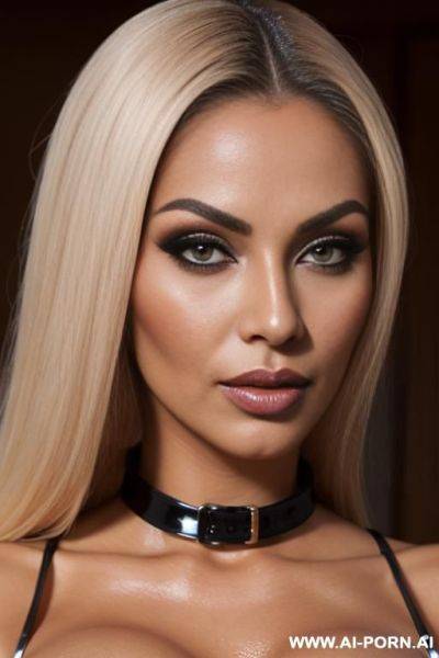 Persian bimbo, heavy makeup, perfect tanned naked body, eye contact, latex collar - ai-porn.ai - Iran on pornintellect.com