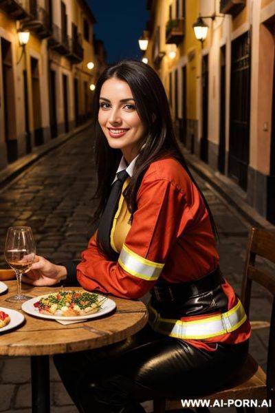Romantic evening dinner with elegant and beautiful spouse in old spain street. we are sitting at table. food is very delicious. she is looking at me. she is happy, smiling. - ai-porn.ai on pornintellect.com