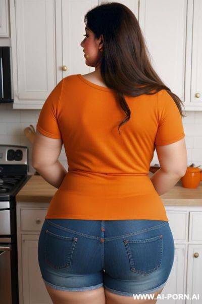 Back view, chubby woman, full body, standing, long brown hair, triangular hips, thick thighs, wearing orange t-shirt, blue denim shorts, home kitchen - ai-porn.ai on pornintellect.com