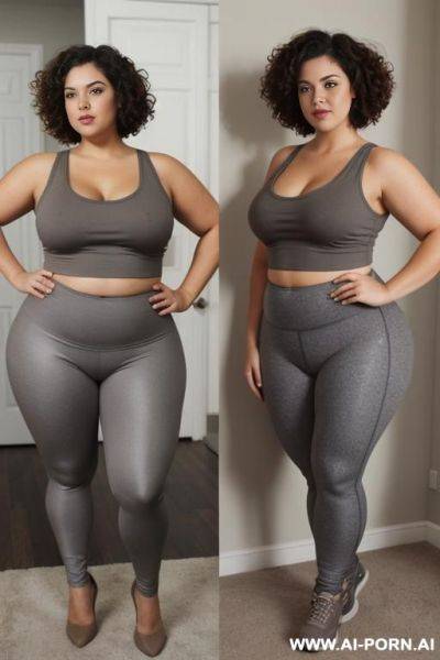 Chubby woman, full body, standing, short brown hair, triangular hips, thick thighs, wearing gray leggings and tank top, double bedroom - ai-porn.ai on pornintellect.com