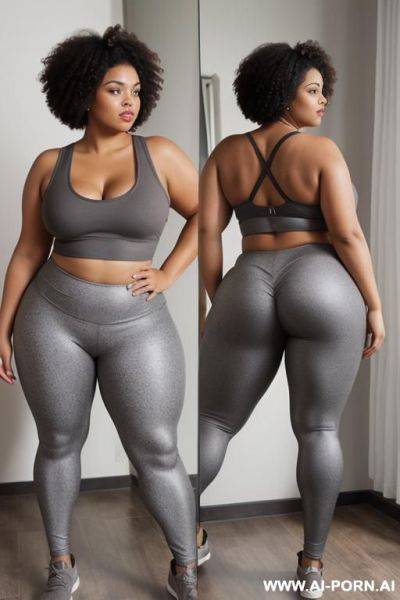 Chubby woman, full body, standing, short afro brown hair, triangular hips, thick thighs, wearing gray leggings and tank top, double bedroom - ai-porn.ai on pornintellect.com
