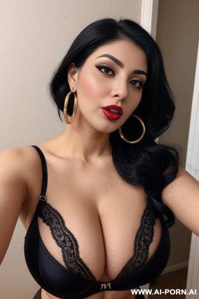 Goofy expression, selfie, round boobs, extremely pretty, full lips, button nose, eye contact, ahegao, hoop earrings, extremely narrow tight waist - ai-porn.ai on pornintellect.com