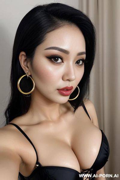 Close selfie, pouting, round boobs, extremely pretty, full lips, button nose, eye contact, ahegao, hoop earrings, extremely narrow tight waist - ai-porn.ai on pornintellect.com