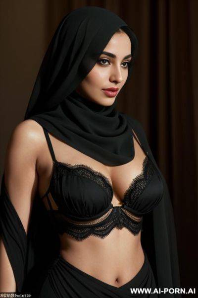 A seductive arab woman, about 2, with green eyes and a beauty mark near her lips. she has a waist and voluptuous curves that are subtly visible through a tight, form-fitting black burqa. - ai-porn.ai on pornintellect.com