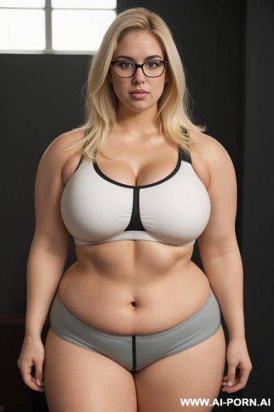 (thick rimmed glasses) (sports bra), massive thighs, gigantic thighs, obese thighs, muscled bulked up thighs, huge thighs - ai-porn.ai on pornintellect.com