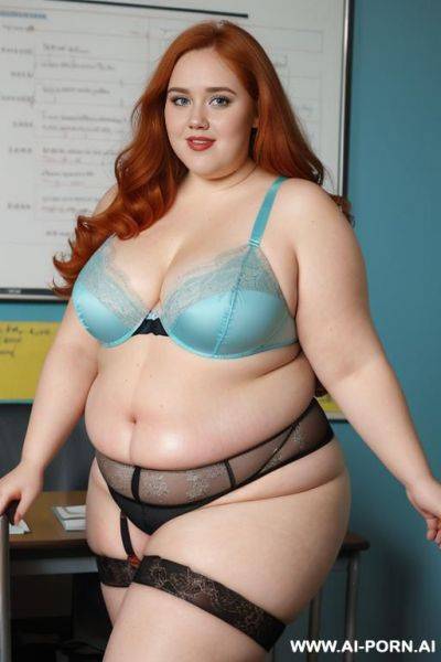 Half body photo shot, about at classroom, fat ((obese and tummy)) bbw curvy teacher, wearing a sexy and hot aqua blue lace stocking lingeries, she is on four points pose - ai-porn.ai on pornintellect.com