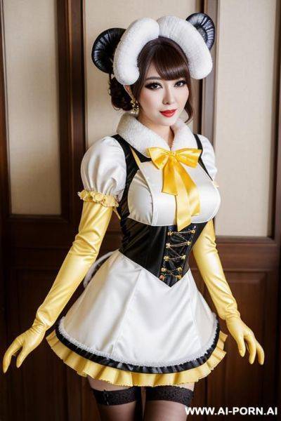 A woman wear a fury coat, brow pantyhose, sheep ears, yellow eyes - ai-porn.ai on pornintellect.com