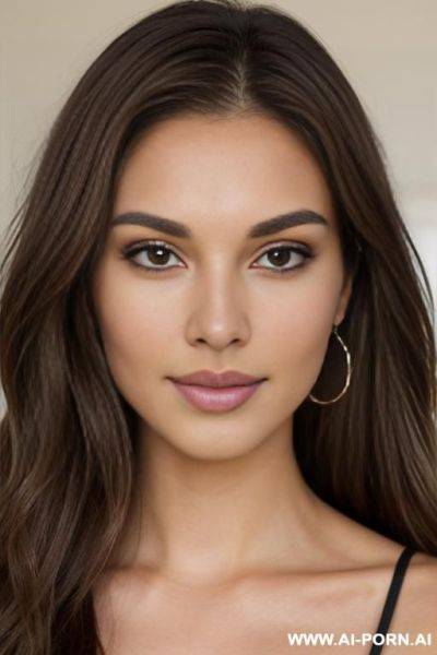 She has medium-length, slightly wavy brown hair that falls loosely over her shoulders. her eyes are almond-shaped and of a m hazelnut brown that glows friendly. the skin is light with a soft, - ai-porn.ai on pornintellect.com