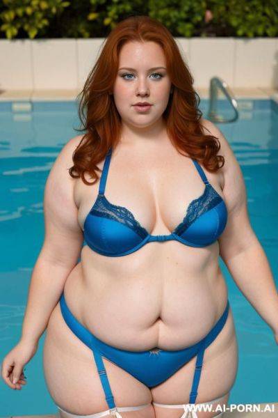 Close up half body photo shot, about at morning on the pool swimming, a woman, very chubby ((obese)) fat bbw ginger, with a lovehandless and tummy, wearing a sexy and hot garter belt lingerie bikini, she has a flowers tattoo - ai-porn.ai on pornintellect.com