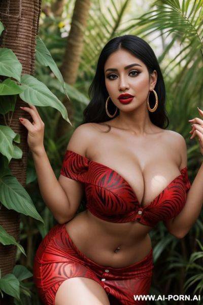 Stretching, jungle, red dress, round boobs, extremely pretty, full botox lips, button nose, eye contact, ahegao, hoop earrings, tight waist - ai-porn.ai on pornintellect.com
