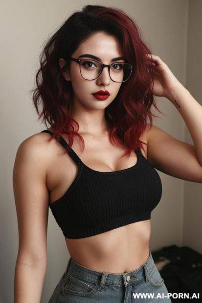 (thick rimmed glasses) (crop top) (grunge) (narrow waist) - ai-porn.ai on pornintellect.com