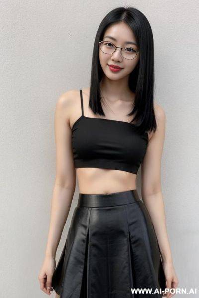 (thick rimmed glasses) (asian) (black skirt) (crop top) - ai-porn.ai on pornintellect.com