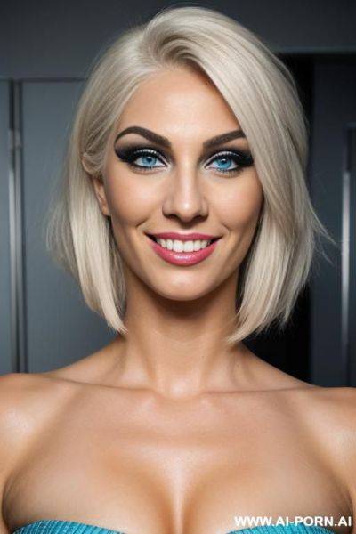 Drag queen, middle aged, very tall and large, bleach blonde hair, pixie cut, dark roots on hair, thick dark eyebrows, dark eyeliner and mascara, icy blue eyes, long hook nose, wide strong - ai-porn.ai on pornintellect.com