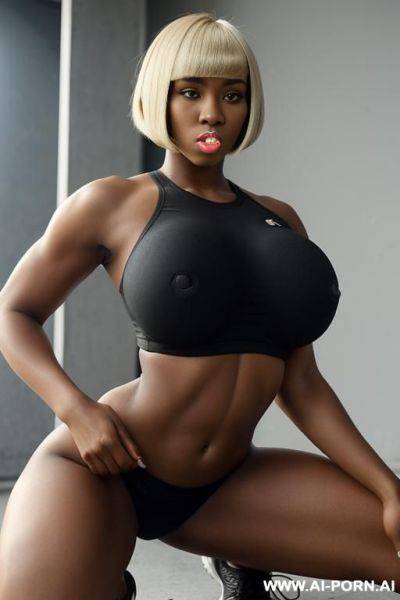 Black woman, 20 years old, size, athletic body, muscular stomach, ((((huge round boobs)))). short hair, sleek hair, (((bobcut hair))), (((dyed blond hair))), sport wear, black crop top and black short, kneeling, cum in mouth - ai-porn.ai on pornintellect.com