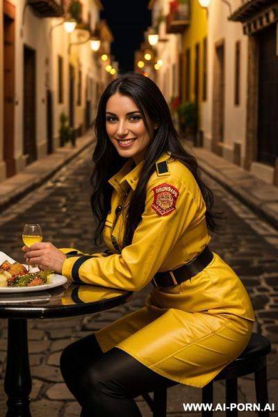Romantic evening dinner with elegant and beautiful spouse in old spain street. we are sitting at table. food is very delicious. she is looking at me. she is happy, smiling. - ai-porn.ai on pornintellect.com