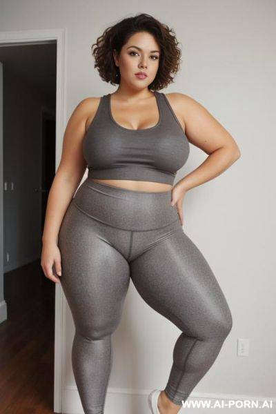 Chubby woman, full body, standing, short brown hair, triangular hips, thick thighs, wearing gray leggings and tank top, double bedroom - ai-porn.ai on pornintellect.com