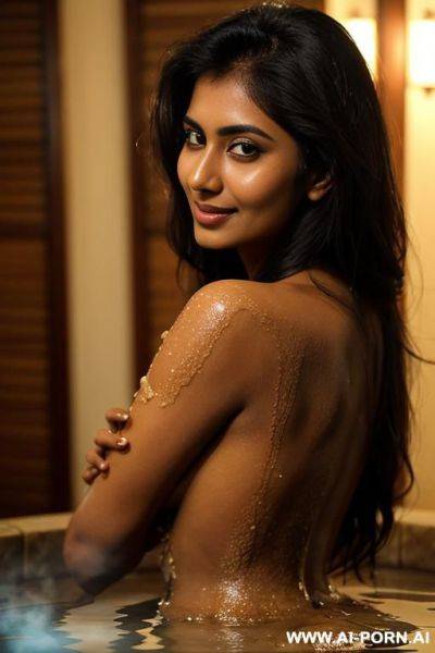 (close up) (embarassed tanned pakistani woman) (hot spring) (long hair) (looking back over shoulder) (arms crossed over breasts) (slight smile) - ai-porn.ai - Pakistan - county Hot Spring on pornintellect.com