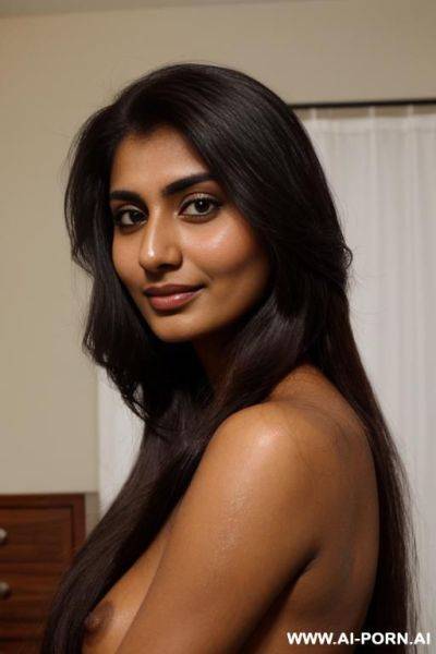 (close up) (embarassed tanned pakistani woman) (long hair) (looking back over shoulder) (arms crossed over breasts) (slight smile) (dark dormroom) - ai-porn.ai - Pakistan on pornintellect.com