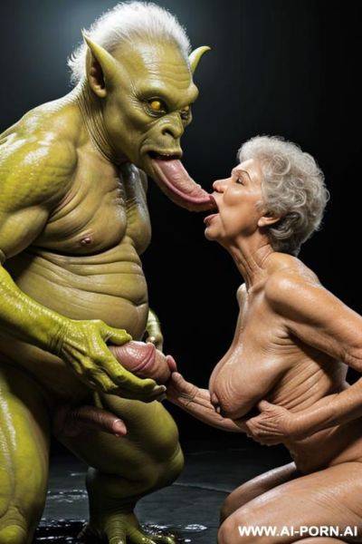 Two characters in the picture: granny and monster (male extraterrestrial creature); tropical jungle, heavy rainstorm (a lot of water around), lightning; huge male extraterrestrial creature (very - ai-porn.ai on pornintellect.com