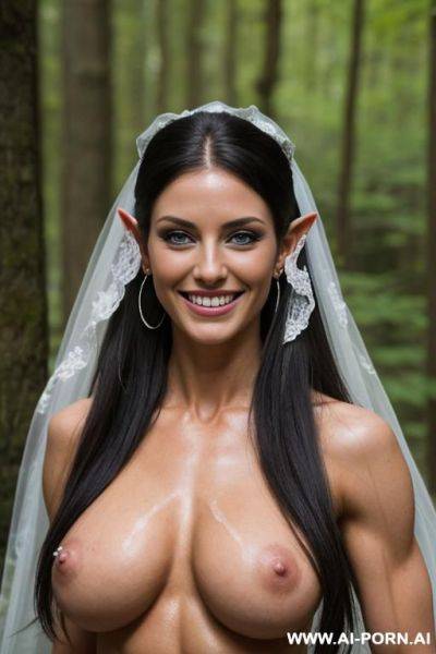 Beautiful blue eyes, athletic with perfect massive natural tits, flowing long hair, seductive loving perfect face, totally naked, elf woman, tall, ear rings, cum in face, ropes of semen on face, wedding veil - ai-porn.ai on pornintellect.com