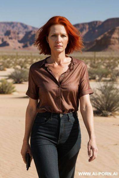 Walking with two medium large s, on a sunny way, red hair, about 60 years old, see trough shirt, large brest - ai-porn.ai on pornintellect.com