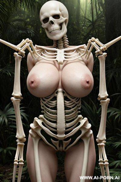 Characters on the image: skeleton (imaginary image) and granny (a real ordinary woman); swamp in the rainforest, skeleton (fantastic male in the form of a human male skeleton), skeleton fuck - ai-porn.ai on pornintellect.com