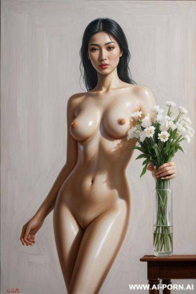 Hyperrealism painting: very beautiful sexy orgazm uzbek face, totally nude body. white skin. standing full-length view. flower in a vase. art. - ai-porn.ai - Uzbekistan on pornintellect.com