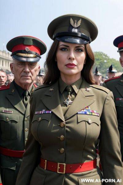 Military parade, military dress outfit, military necklace, surrounded by old men - ai-porn.ai on pornintellect.com