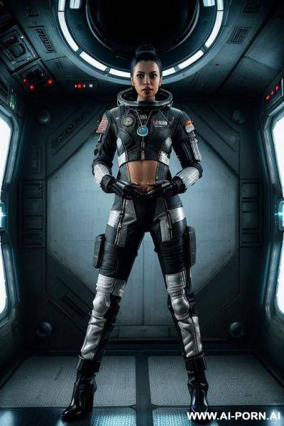 ((space station)), ((space)), ((moon)), ((space suite)), ((sci-fi)), (((space-ship)), ((neon light)), metal, (((full body space suite))), military, black, white, (((jacket))), ((boots)), (((space pilot))), - ai-porn.ai on pornintellect.com