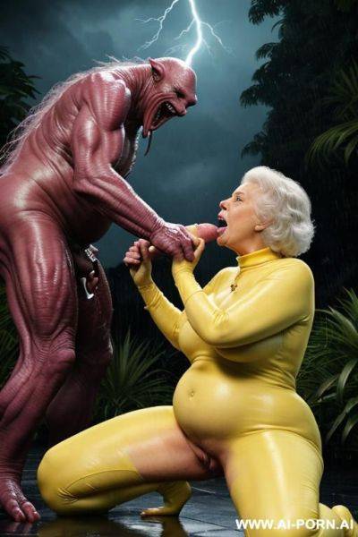 Two characters in the picture: granny and monster (male extraterrestrial creature); tropical jungle, heavy rainstorm (a lot of water around), lightning; huge male extraterrestrial creature (very - ai-porn.ai on pornintellect.com