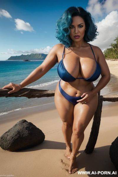 Beautiful curly bangs, cinematic shot, natural huge saggy boobs, wide hips, hyperrealism, photorealism, sharp focus, dynamic lighting, cinemascope, fine details, superb cinematic, abs, dark strong eyeliner, big lips, ((sun tan)) - ai-porn.ai on pornintellect.com