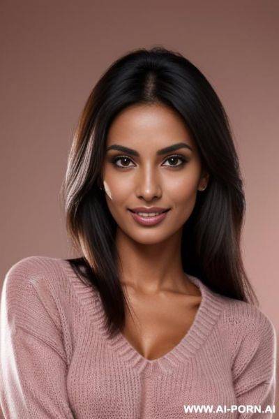 Pretty face, gorgeous perfect body, perfect natural breasts, firm hard large nipples, dark tanned skin, sly smile, extreme closeup, closeup view, head portrait, (((tanned))), professional photo studio background, fully clothed, pink sweater - ai-porn.ai on pornintellect.com
