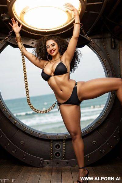((((huge round boobs)))), walking, hourglass figure (((expressive eyes))), wide thick dark red lips, ((many heavy golden necklaces)), hoop earrings, slutty, chav, long hair, (manacles and chains), bangles, bracelets - ai-porn.ai on pornintellect.com