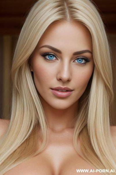 Beautiful blue eyes, full view, athletic with perfect massive natural tits, flowing blonde hair, seductive loving perfect face, full view, full torso view, - ai-porn.ai on pornintellect.com