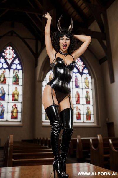 Thigh high boots, platform heels, latex bra, devil horns, screaming, tongue out - ai-porn.ai on pornintellect.com