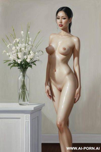 Hyperrealism painting: very beautiful sexy orgazm uzbek face, totally nude body. white skin. standing full-length view. flower in a vase. art. - ai-porn.ai - Uzbekistan on pornintellect.com