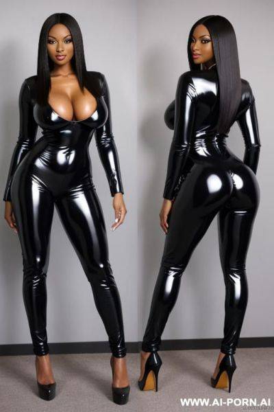 Ebony supermodel with straight hair and huge boobs wearing high heels and a latex catsuit - ai-porn.ai on pornintellect.com