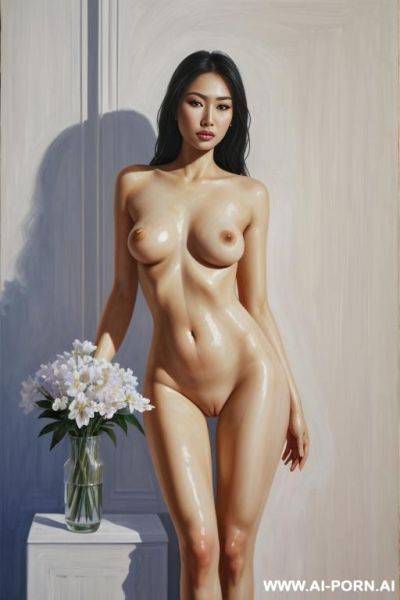 Hyperrealism painting: very beautiful sexy orgazm uzbek face, totally nude body. white skin. standing full-length view. flower in a vase. art. - ai-porn.ai on pornintellect.com
