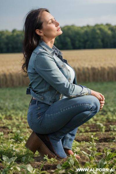 Farmer woman, shirt, jeans, jacket squatting besides field, hands on knees, bowed head, side view - ai-porn.ai on pornintellect.com