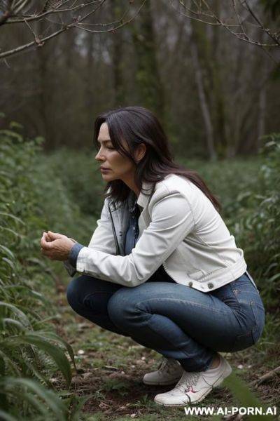 Workerwoman, shirt, jeans, jacket squatting in underbrush besides field, side view - ai-porn.ai on pornintellect.com