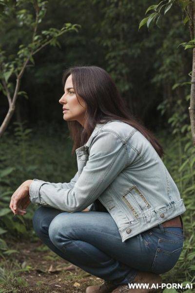 Farmer woman, shirt, jeans, jacket squatting in underbrush besides field, side view - ai-porn.ai on pornintellect.com