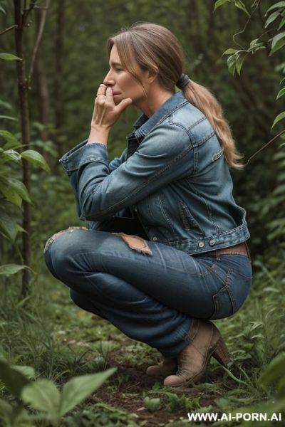 Farmer woman, shirt, jeans, jacket squatting in underbrush besides field, hands on knees, bowed head, side view - ai-porn.ai on pornintellect.com