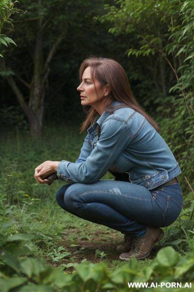 Farmerwoman, shirt, jeans, jacket squatting, bending over in underbrush besides field, side view - ai-porn.ai on pornintellect.com