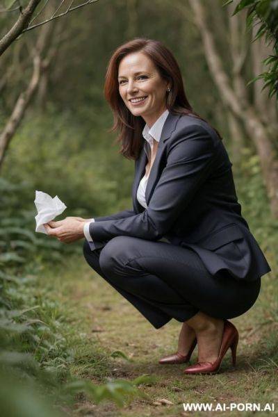 Businesswoman, shirt, pants, jacket squatting, bending over in underbrush besides field, holding tissues, smiling, side view - ai-porn.ai on pornintellect.com