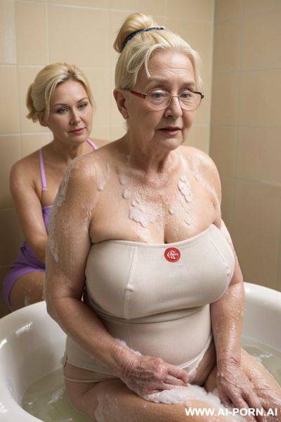 Nursing home. (((two women in the image!))). one of the woman is elderly woman ((she is grandma)), she is resident of the nursing home (((not nurs!!!))), ((granny sitting (seated pose, not - ai-porn.ai on pornintellect.com